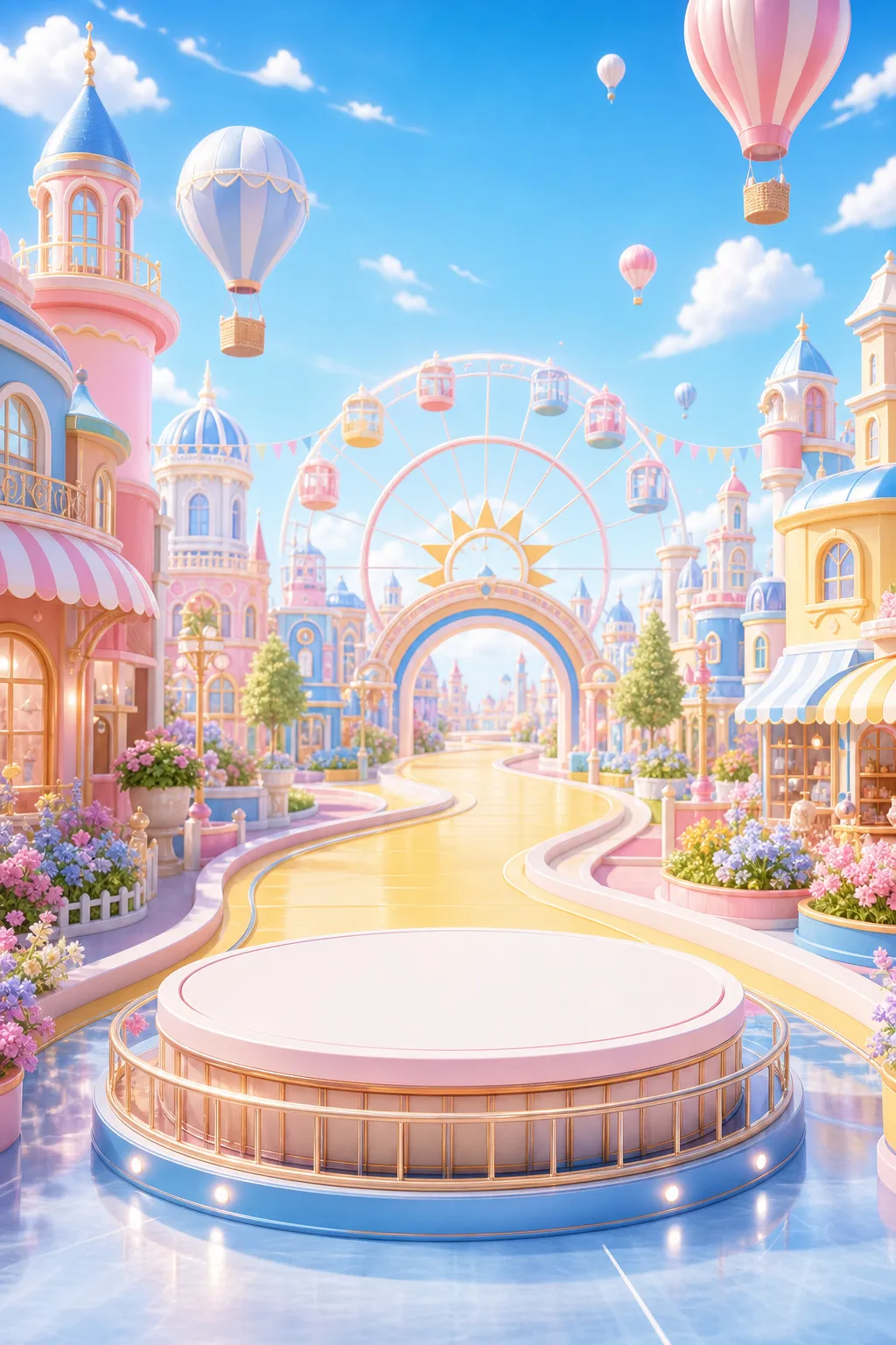 Pastel Fantasy Theme Park with Circular Podium Stage｜AI Image Generation Prompts