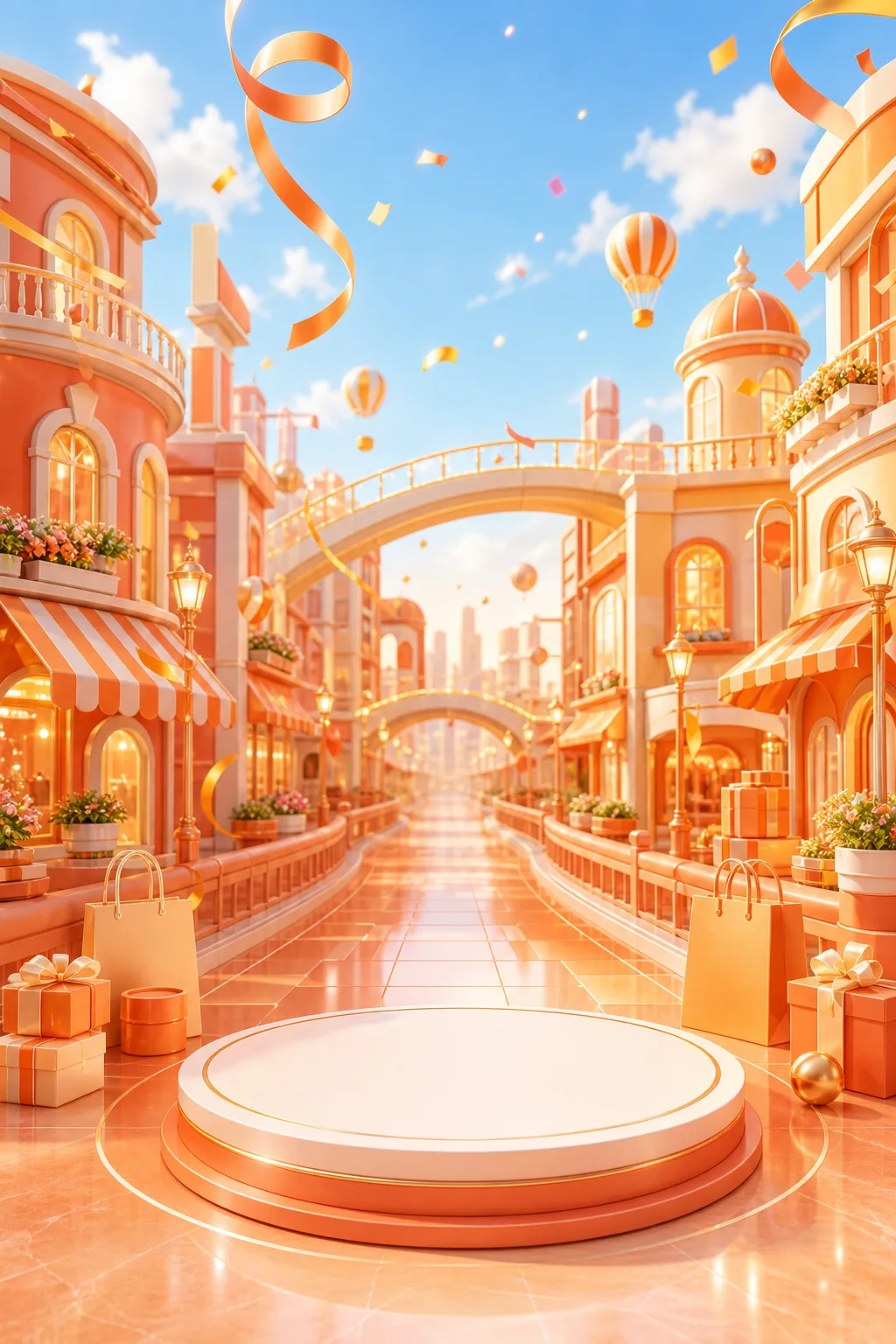 Orange festive shopping street with product podium｜AI Image Generation Prompts