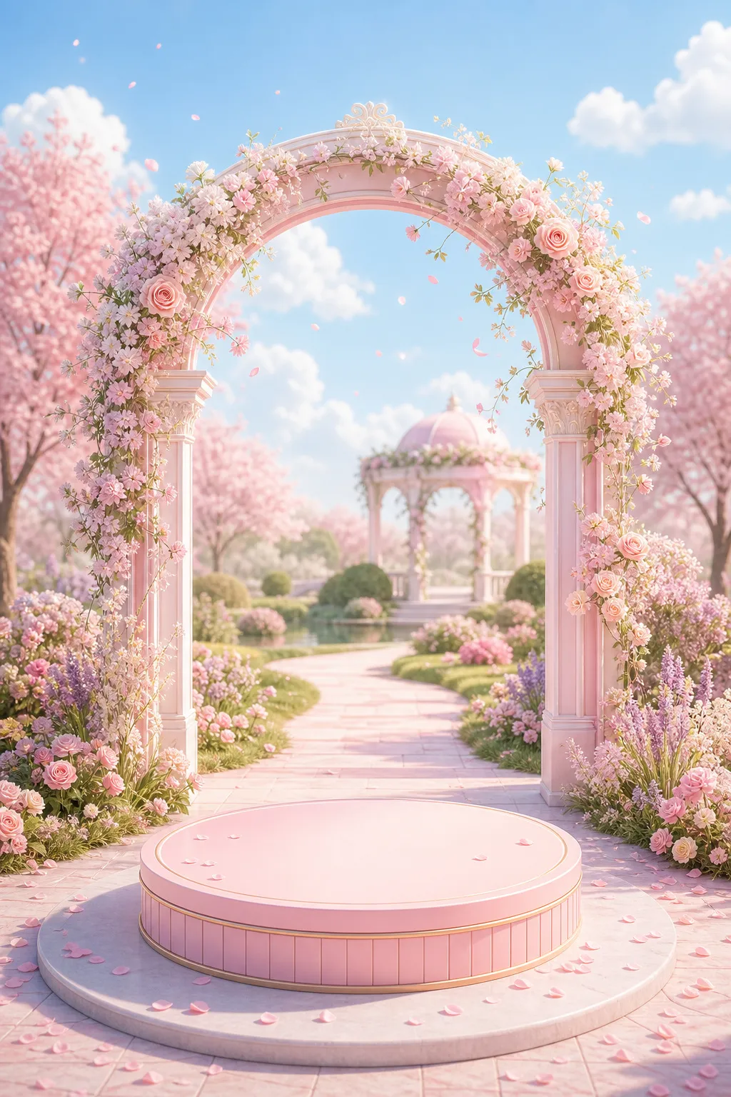 Pink Floral Archway with Round Podium in Spring Garden｜AI Image Generation Prompts