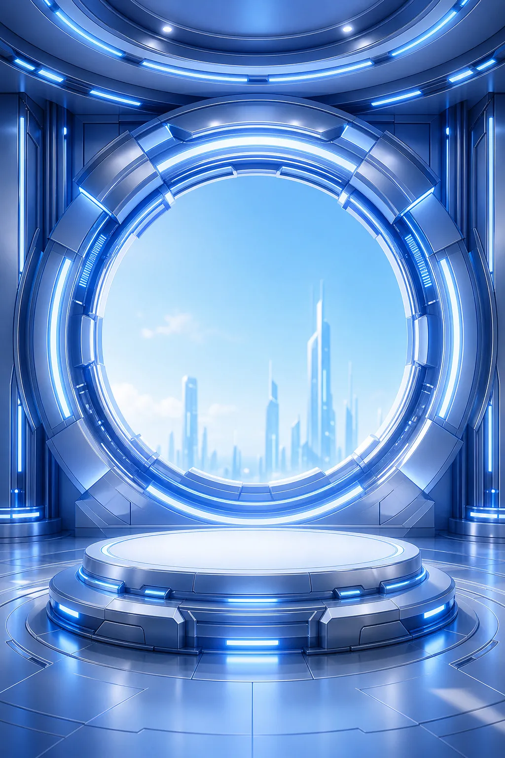 Futuristic Sci-Fi Room with Circular Window and Podium｜AI Image Generation Prompts