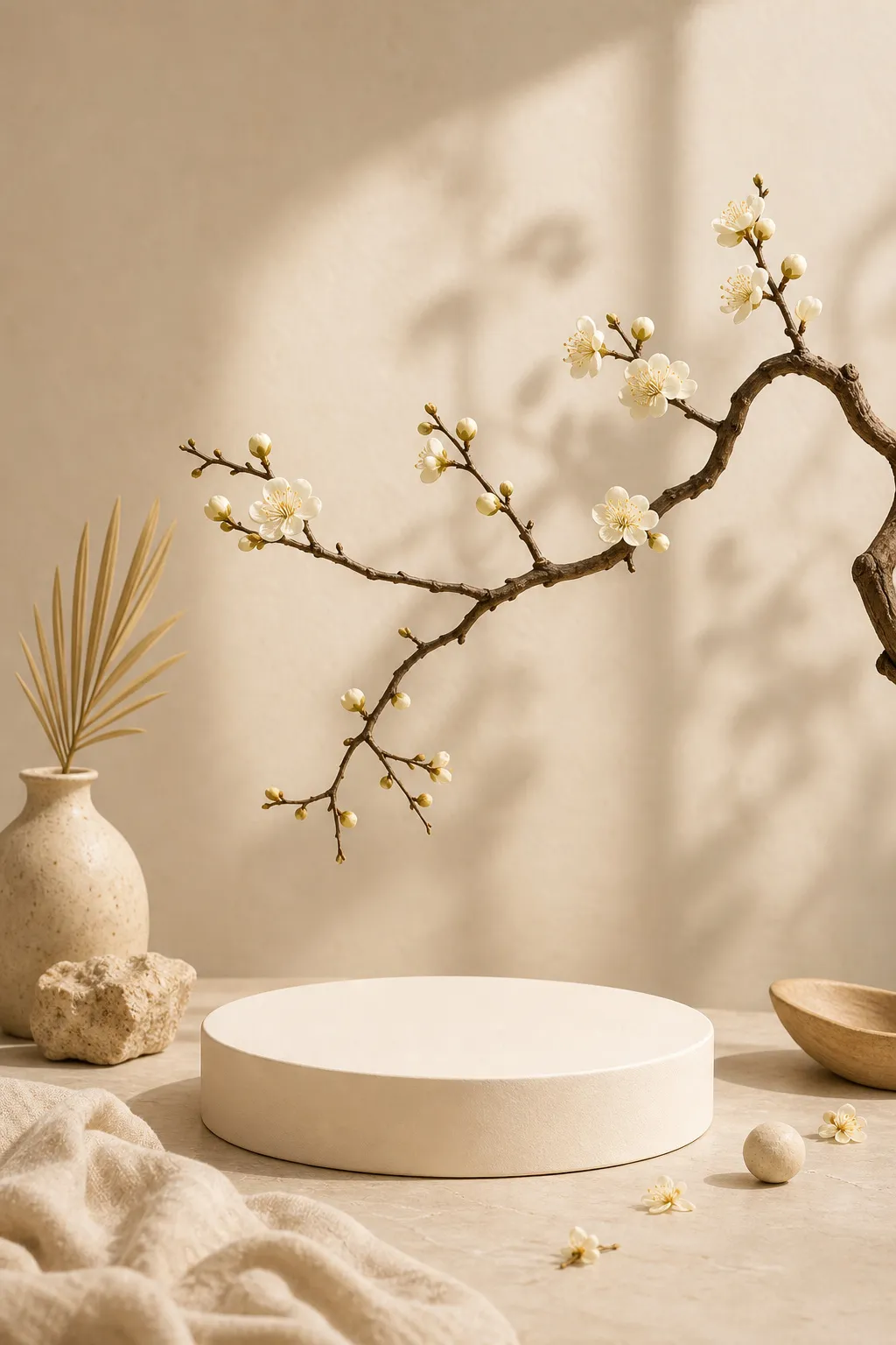 Minimalist beige podium with flowering branch｜AI Image Generation Prompts