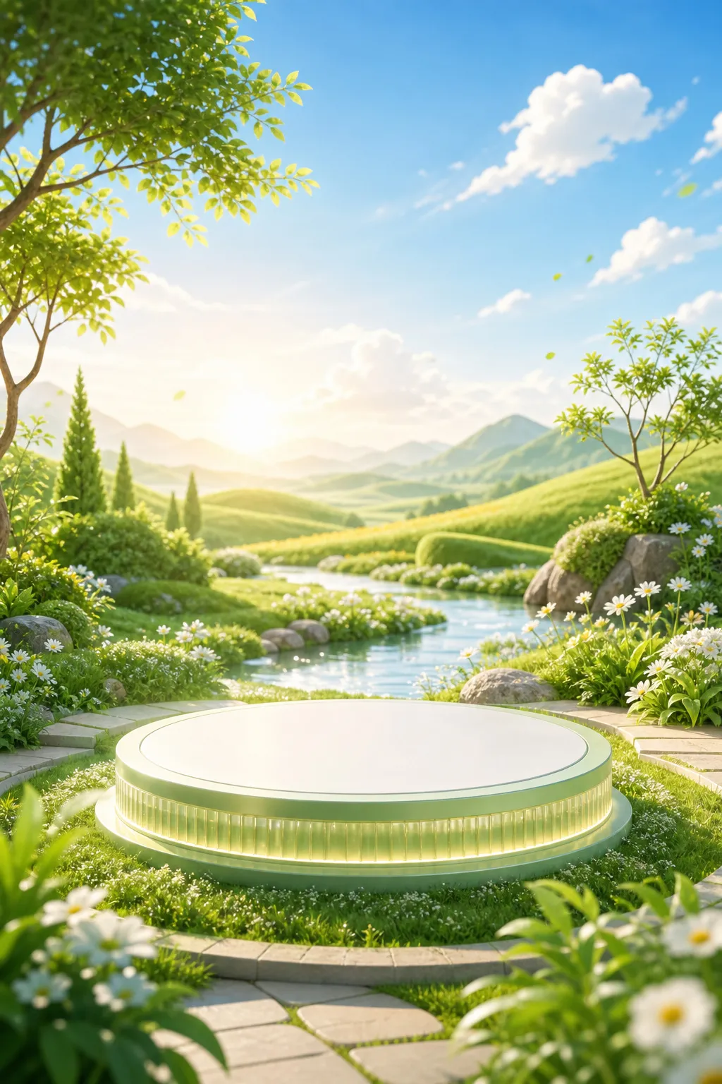 Round green podium in a lush nature landscape｜AI Image Generation Prompts