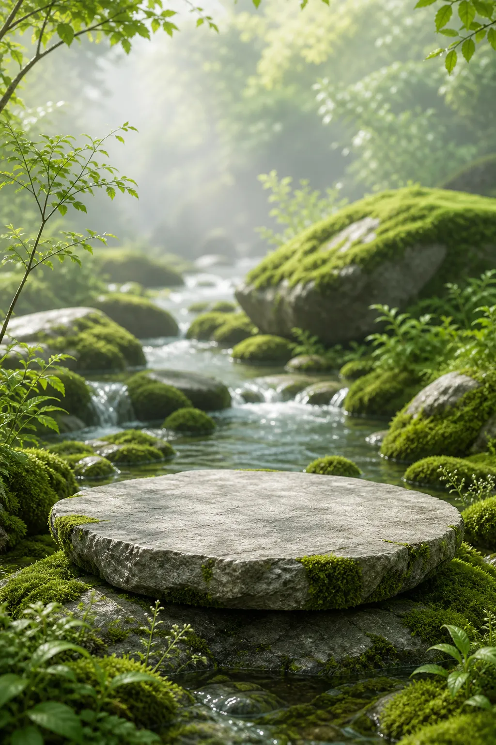 Round Stone Platform in Mossy Forest Stream｜AI Image Generation Prompts