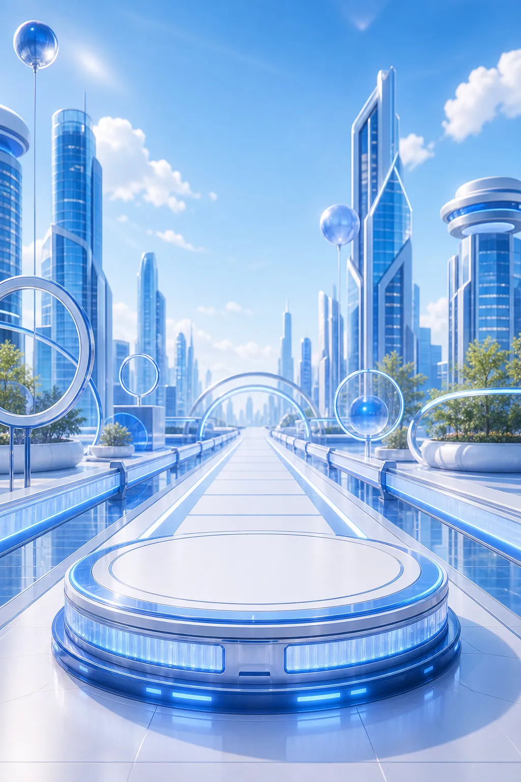 Futuristic blue city with glowing podium and walkway｜AI Image Generation Prompts