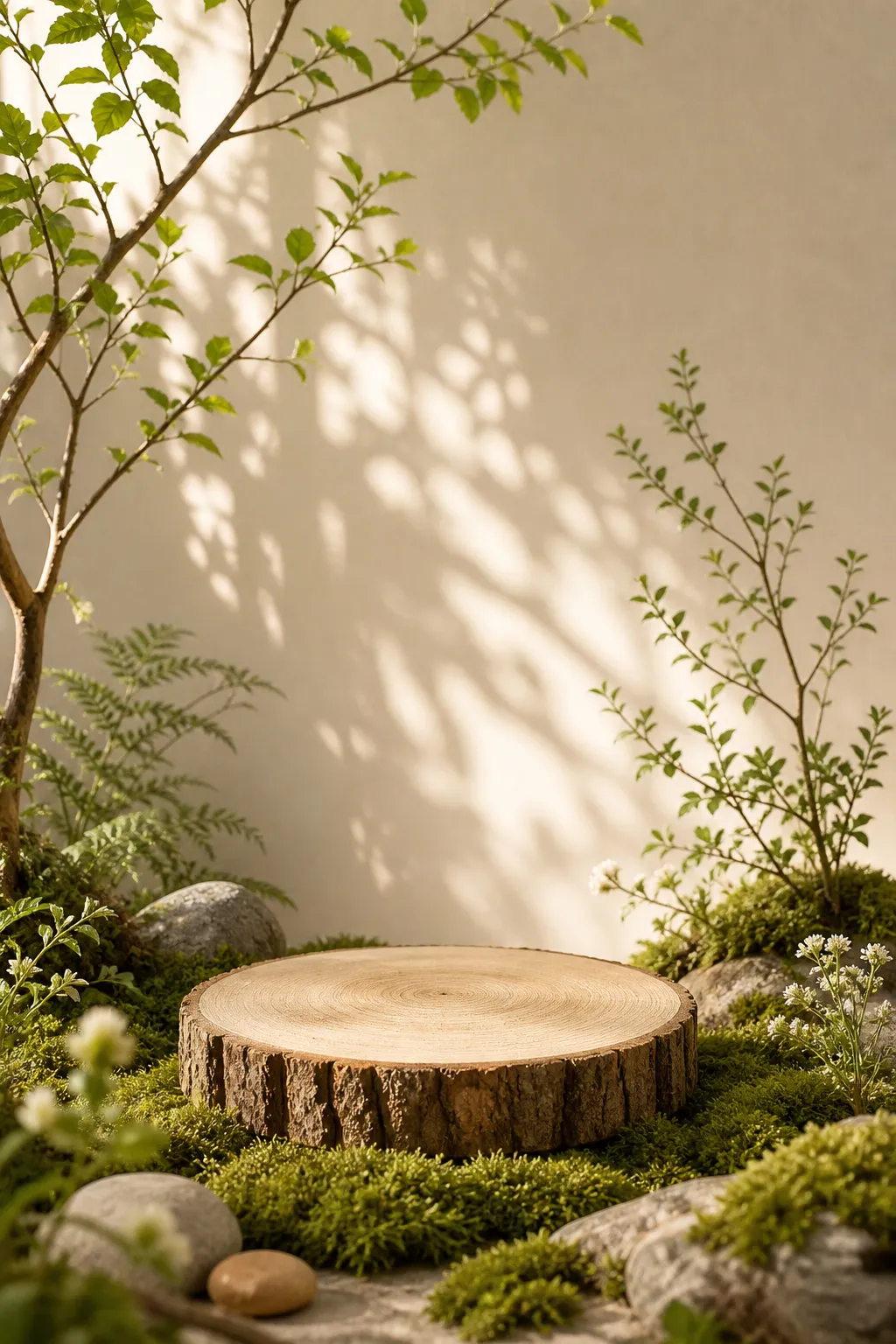 Wooden stump podium in a mossy nature scene｜AI Image Generation Prompts