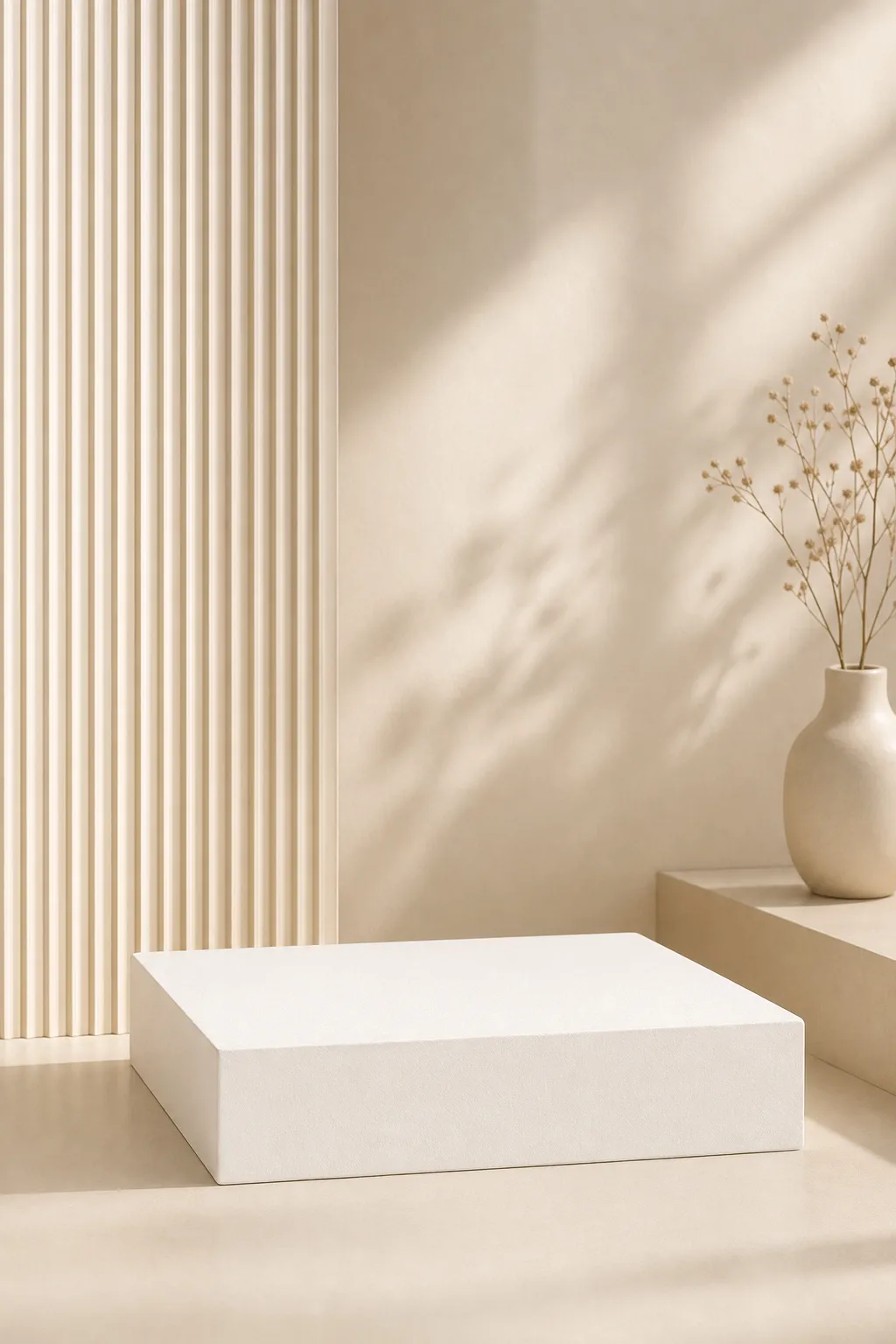 Minimalist White Podium Product Display Setup｜AI Image Generation Prompts