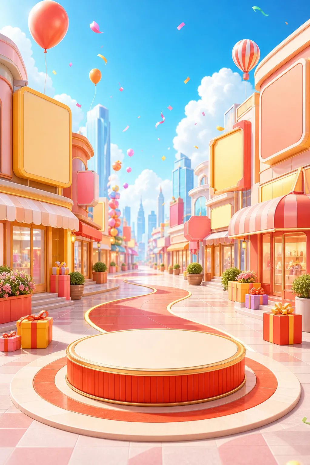 Colorful 3D Cartoon Shopping Street With Red Podium Stage｜AI Image Generation Prompts