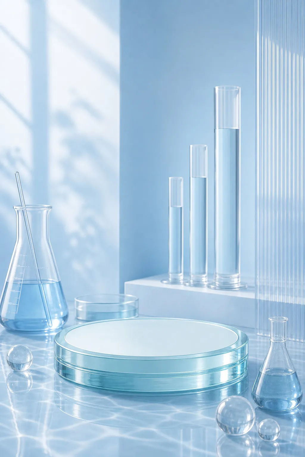 Laboratory glassware with blue liquid display.｜AI Image Generation Prompts