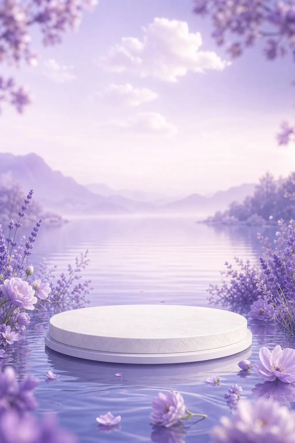 White round podium on purple lake with flowers｜AI Image Generation Prompts