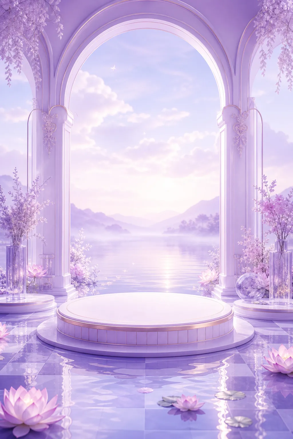 Dreamy Purple Arch Podium with Lotus Flowers｜AI Image Generation Prompts