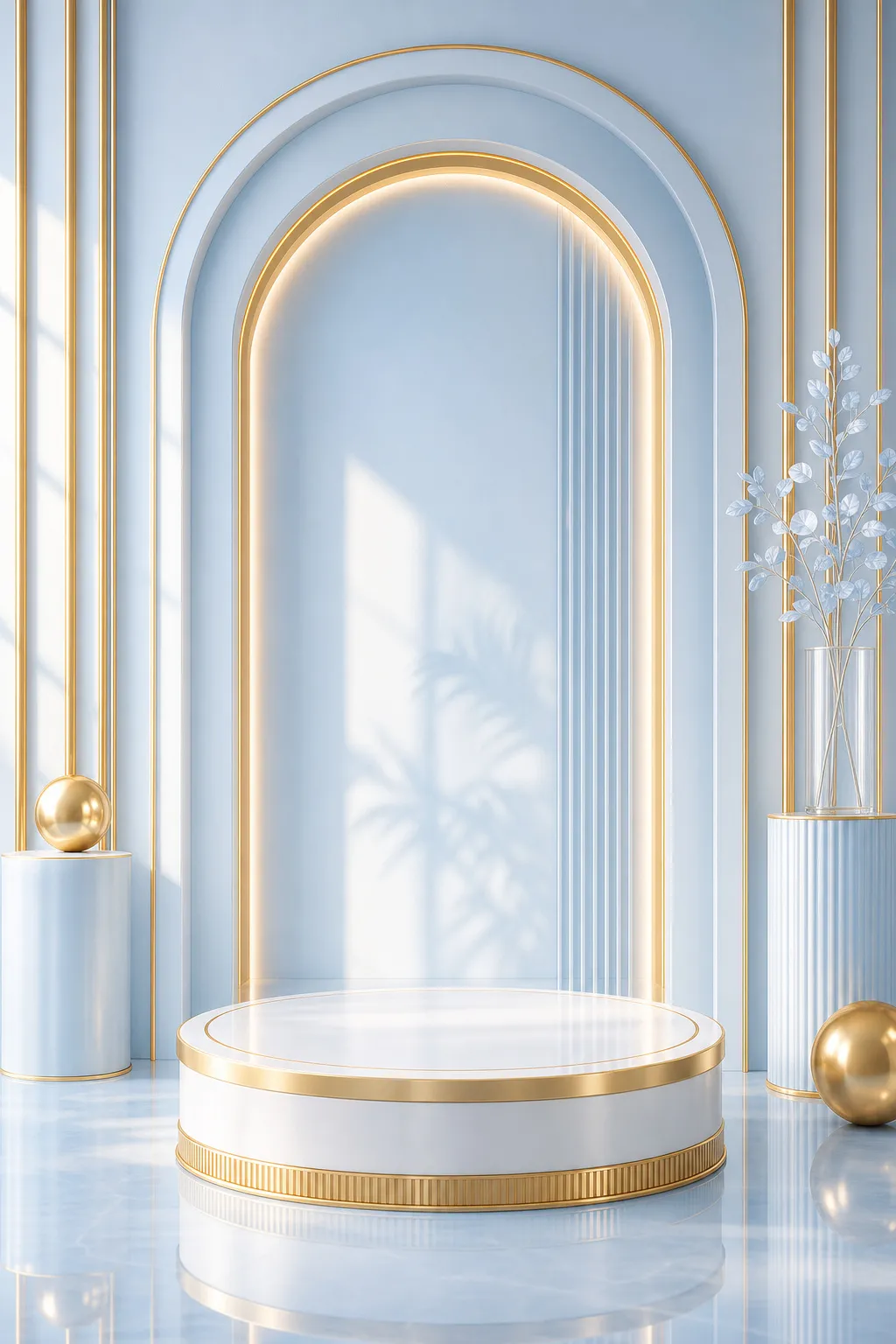 Elegant Blue and Gold Podium Display Stage｜AI Image Generation Prompts