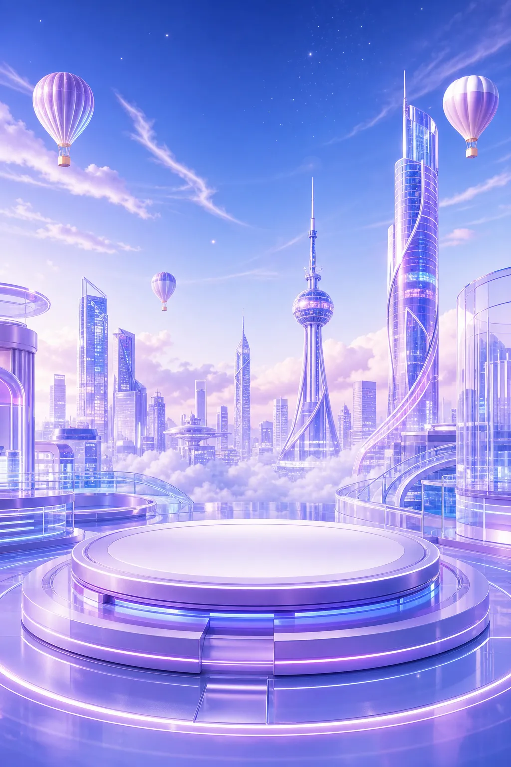 Futuristic purple city stage with skyscrapers｜AI Image Generation Prompts