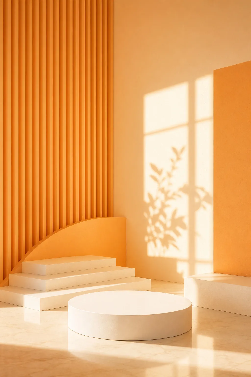 Minimalist Orange Podium Stage with Leaf Shadows｜AI Image Generation Prompts