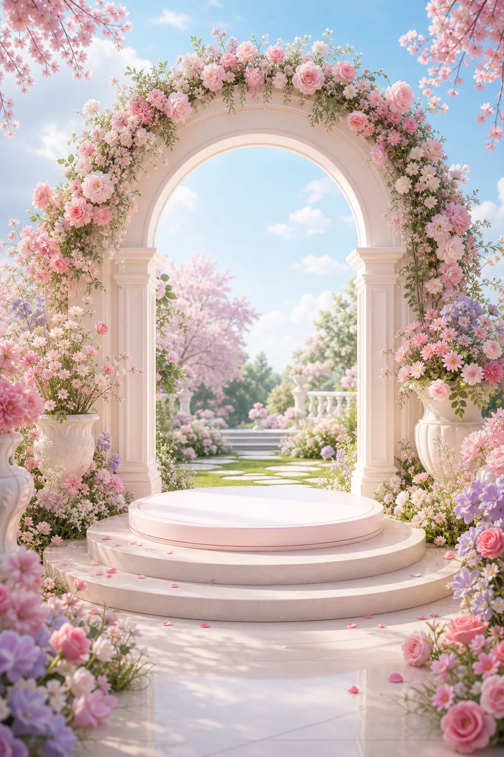 Pink Floral Arch Podium in a Garden｜AI Image Generation Prompts