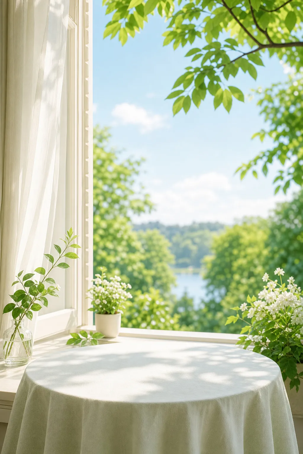 Sunny window view with round table and plants｜AI Image Generation Prompts