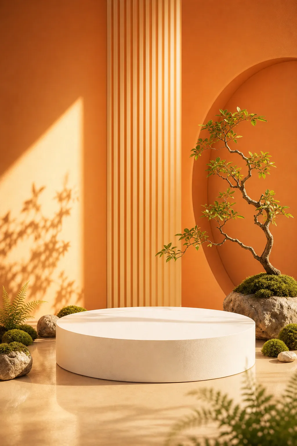 Round white podium with bonsai tree and orange background｜AI Image Generation Prompts