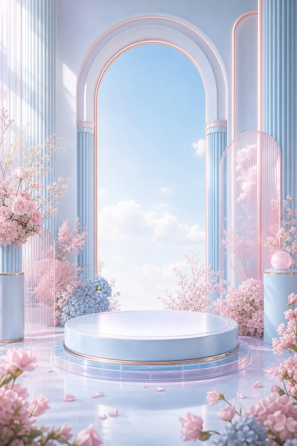 Pastel floral arch podium for product display｜AI Image Generation Prompts