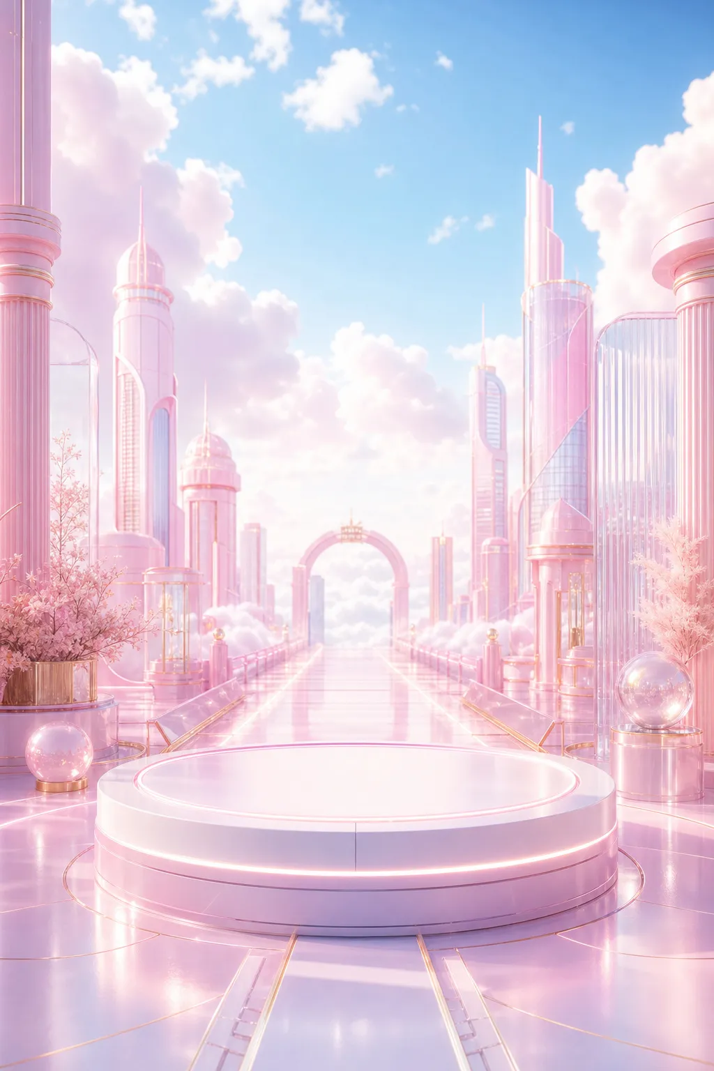 Dreamy Pink Futuristic City With Circular Podium｜AI Image Generation Prompts