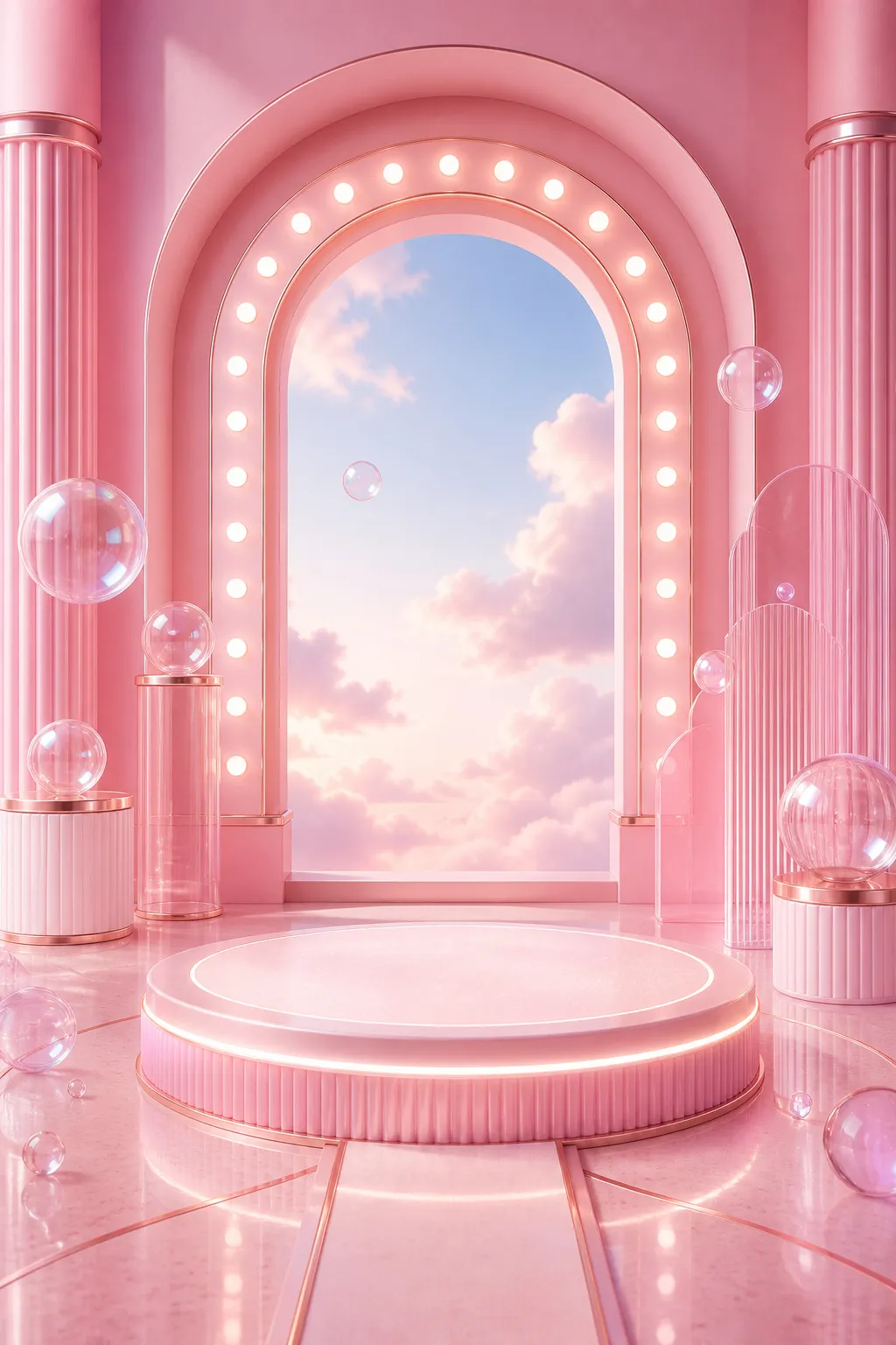 Pink Arched Stage Podium with Cloudy Sky Background｜AI Image Generation Prompts