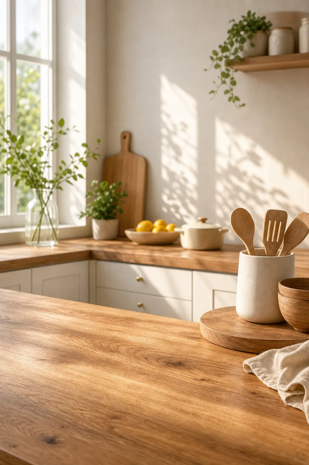 Bright Rustic Kitchen Counter With Wooden Utensils｜AI Image Generation Prompts