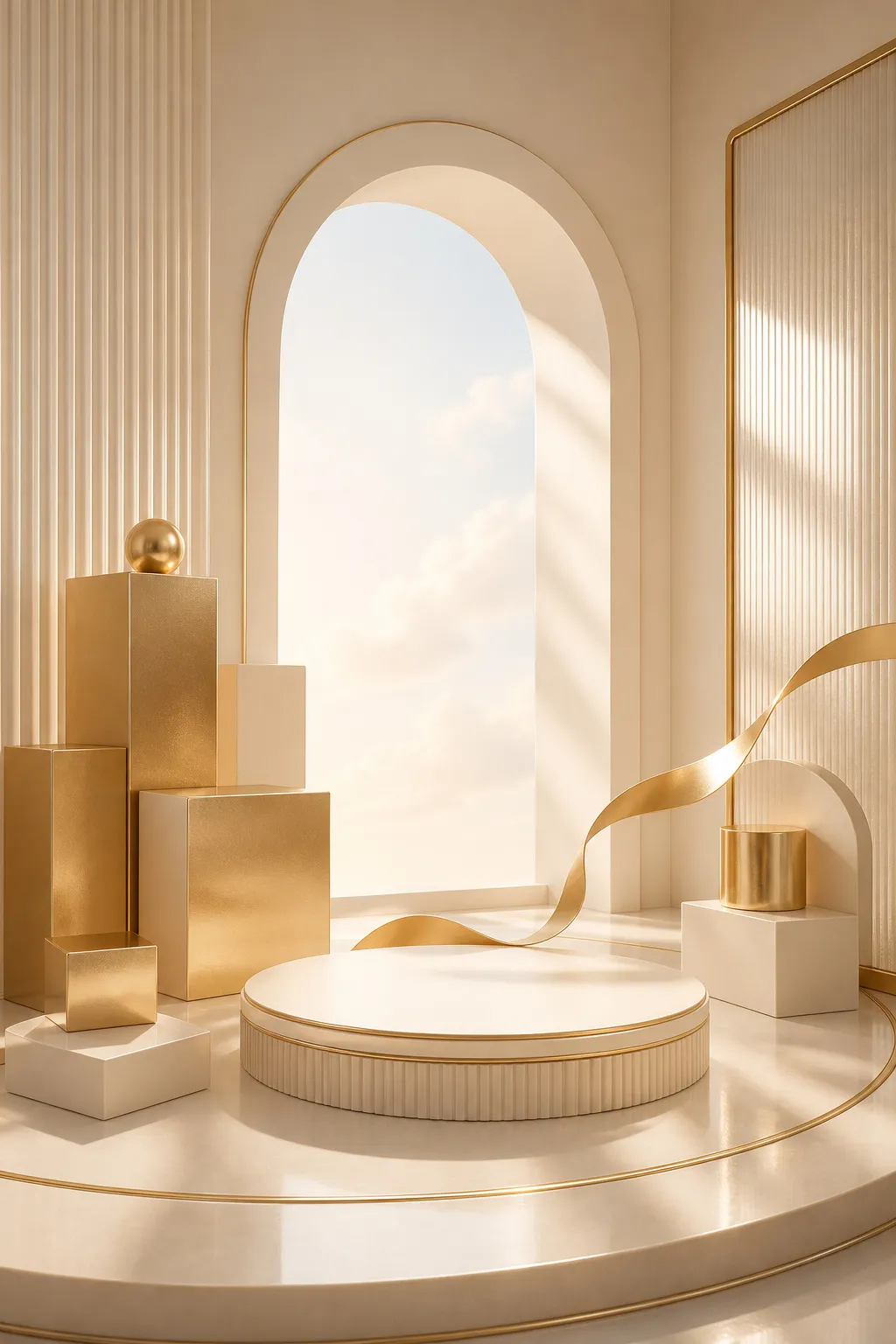 Luxury Gold and White Podium Display Stage with Arch Window｜AI Image Generation Prompts