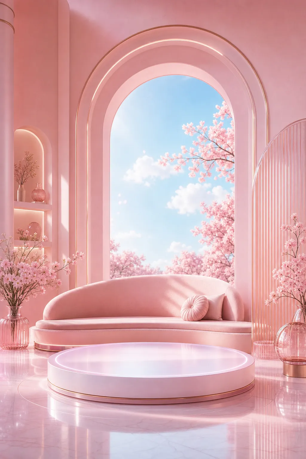 Pink room with sofa and cherry blossom view through arch｜AI Image Generation Prompts