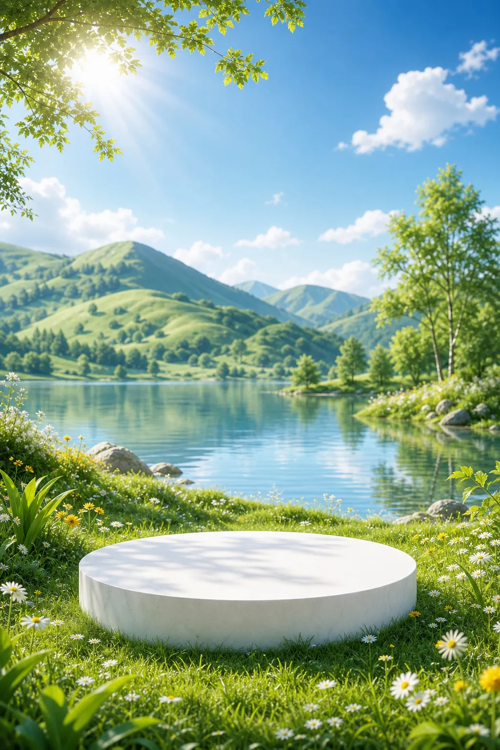 White round podium in sunny nature landscape with lake｜AI Image Generation Prompts