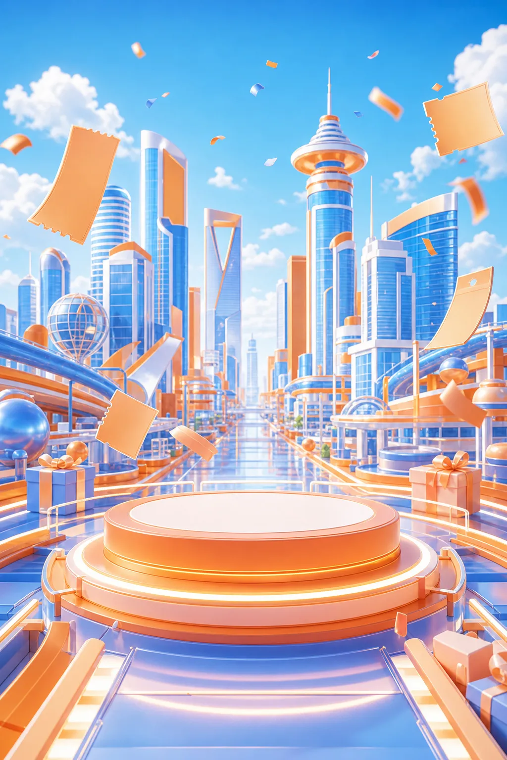 Futuristic city podium with floating tickets and gifts｜AI Image Generation Prompts