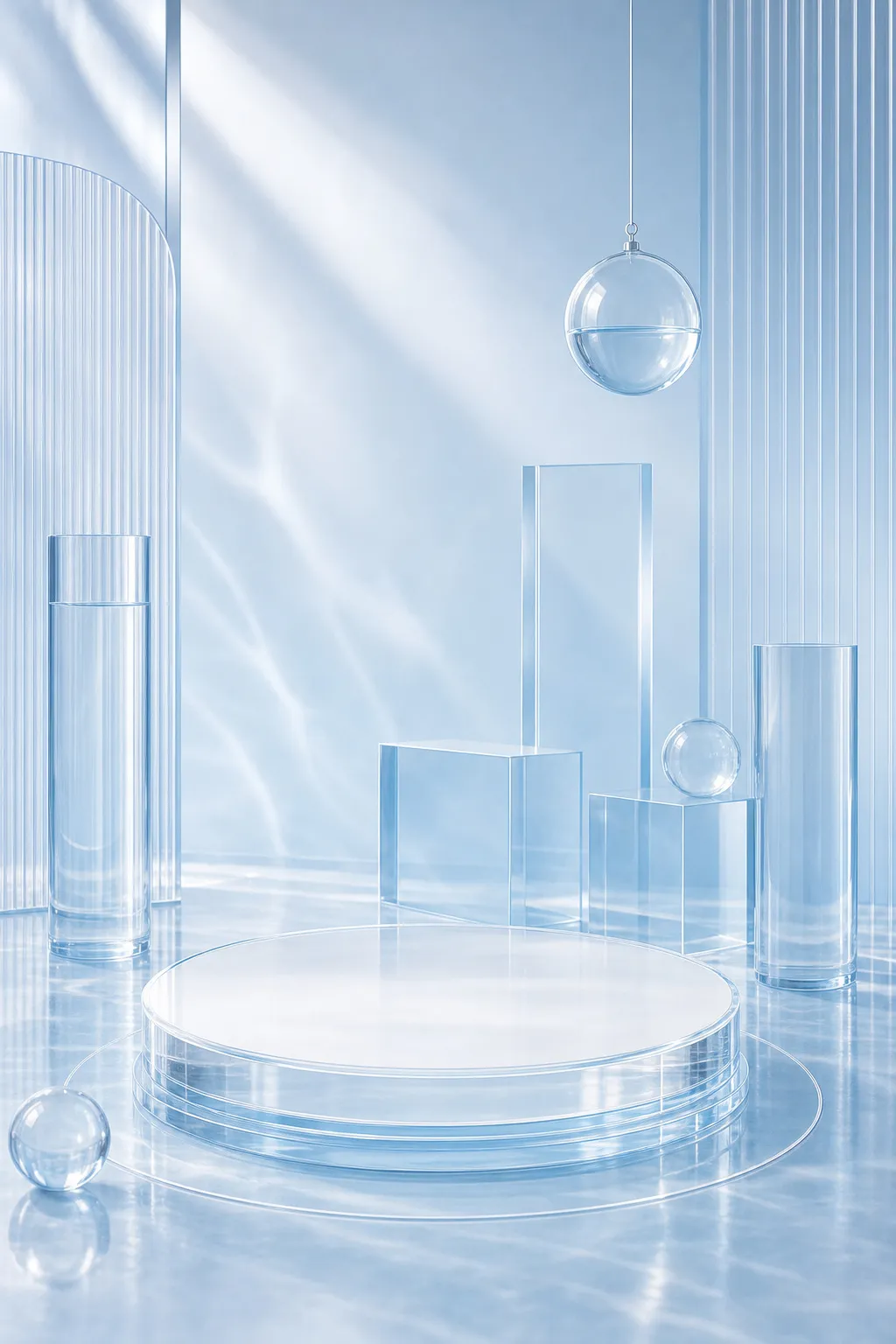 Light Blue Glass Geometric Podium Display Scene｜AI Image Generation Prompts