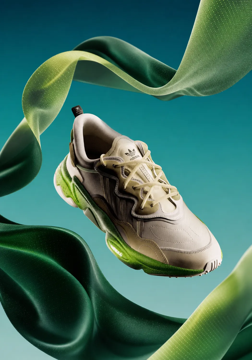 Adidas sneaker floating with green fabric ribbons｜AI Image Generation Prompts