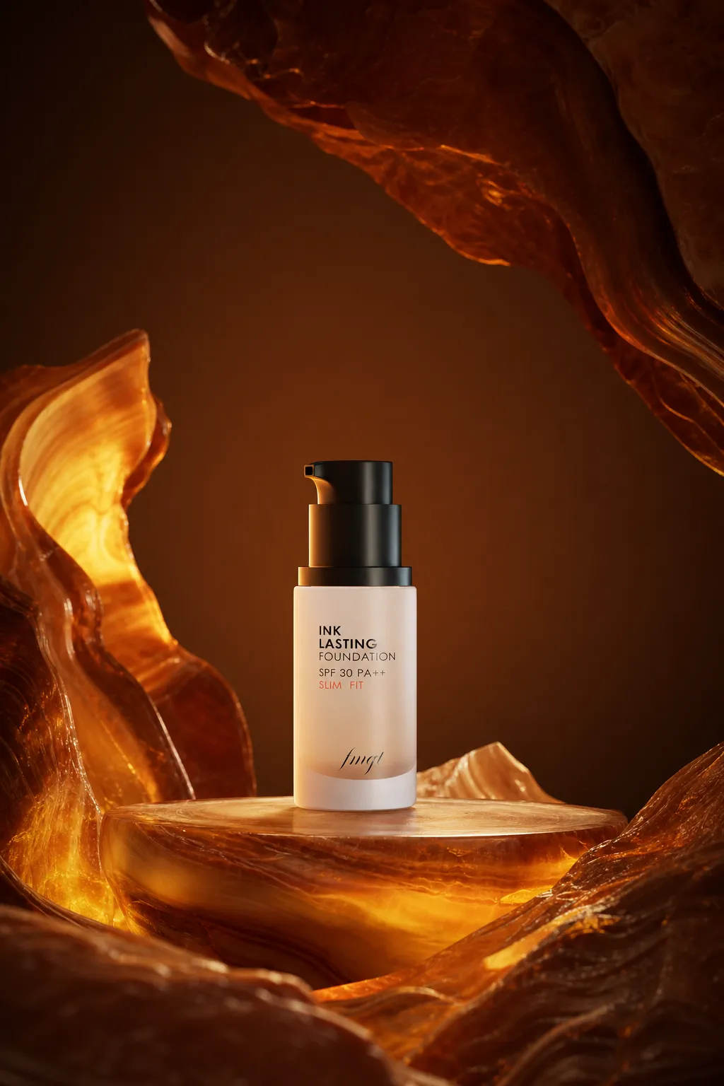 Ink Lasting Foundation Bottle on Amber Rock｜AI Image Generation Prompts