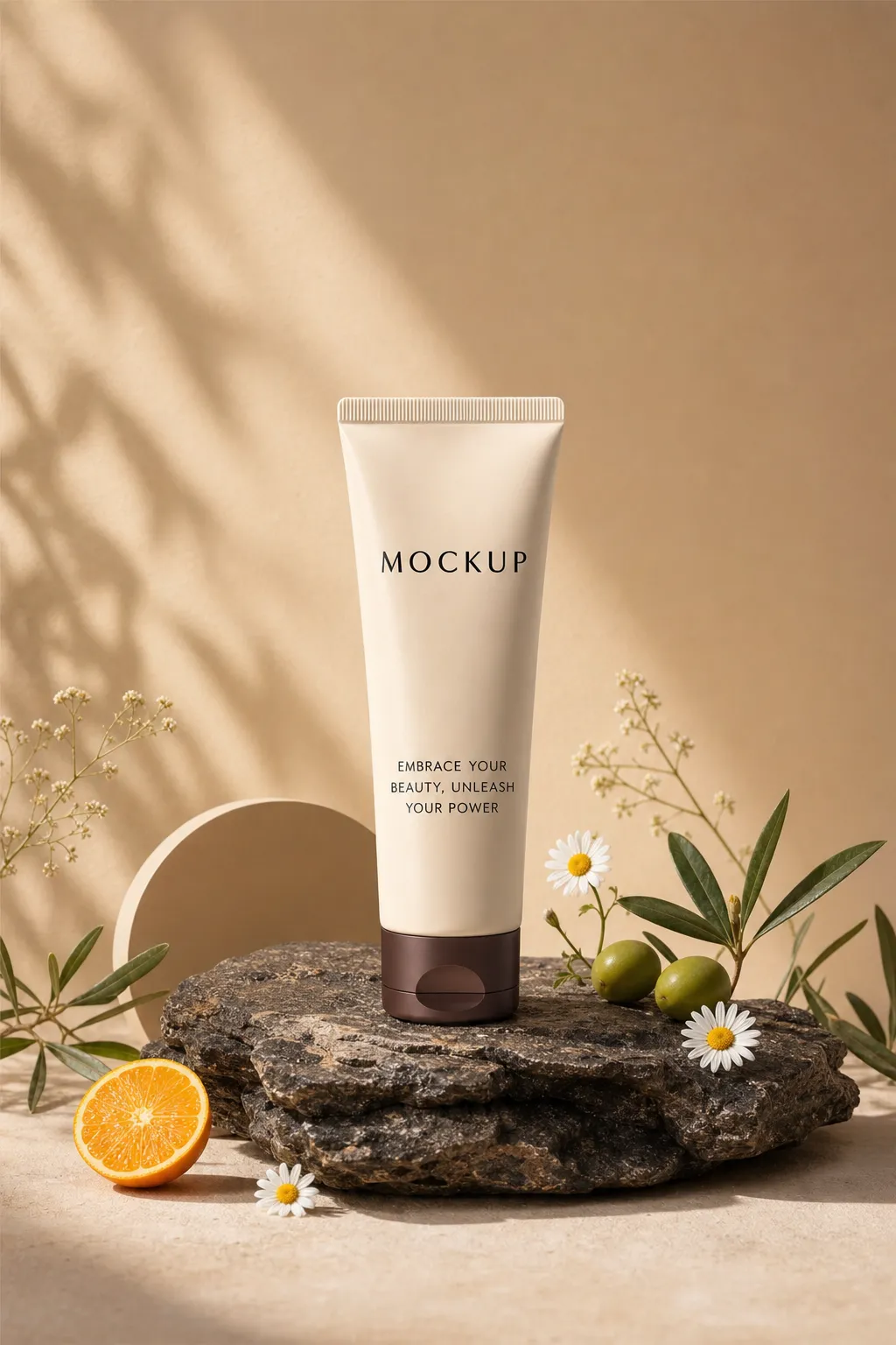 Beige cosmetic tube mockup on rock with natural elements｜AI Image Generation Prompts