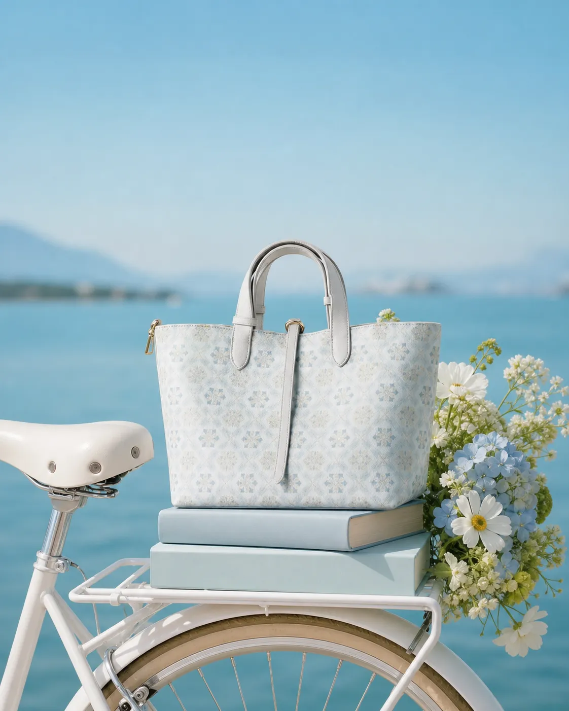Light Blue Patterned Tote Bag on White Bicycle｜AI Image Generation Prompts