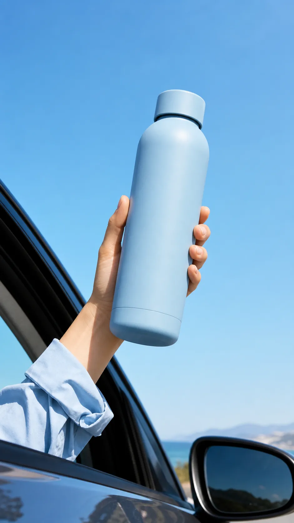Hand holding blue water bottle out of car window｜AI Image Generation Prompts