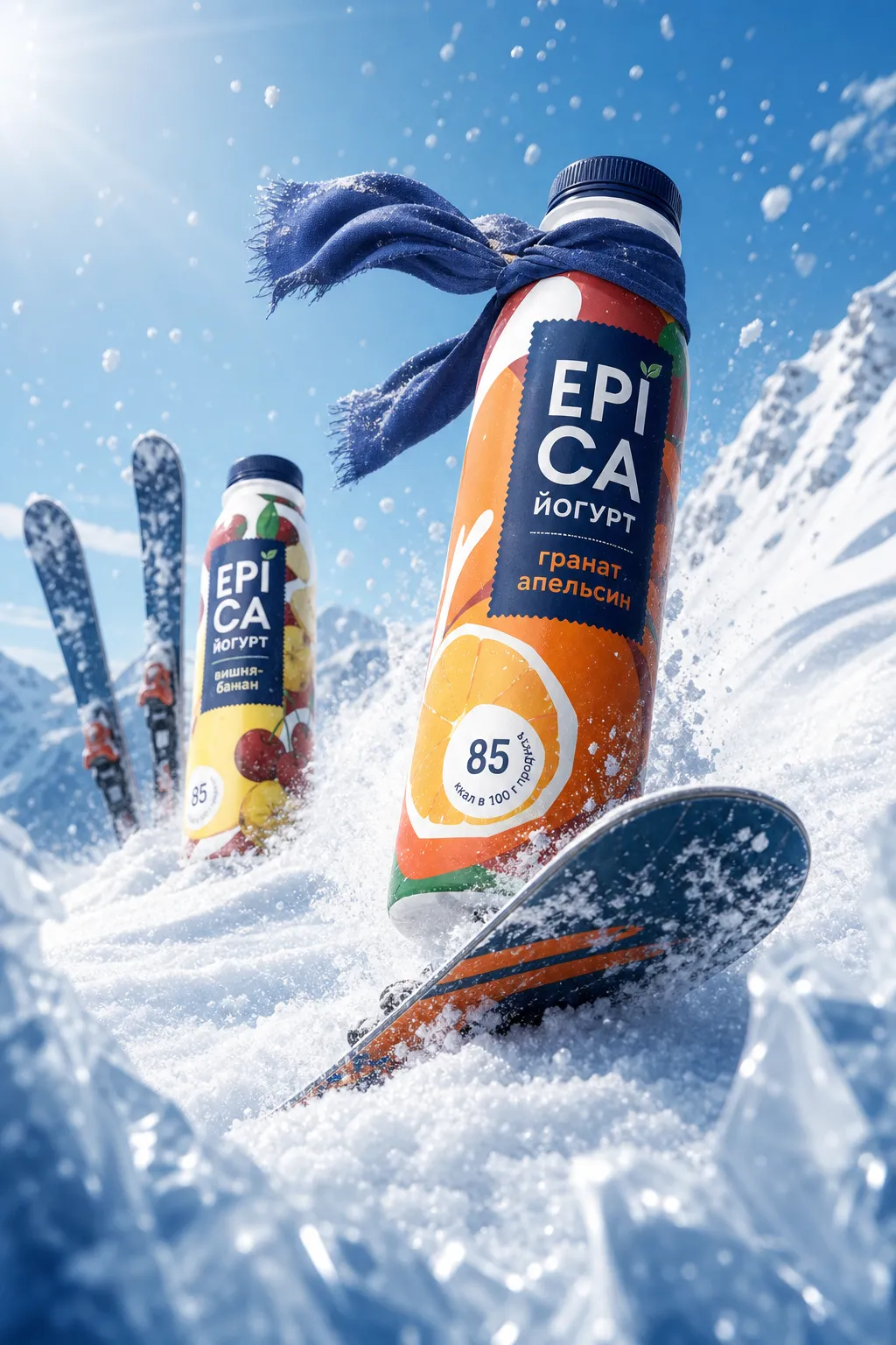 Epica yogurt bottles in snowy mountains with ski gear｜AI Image Generation Prompts
