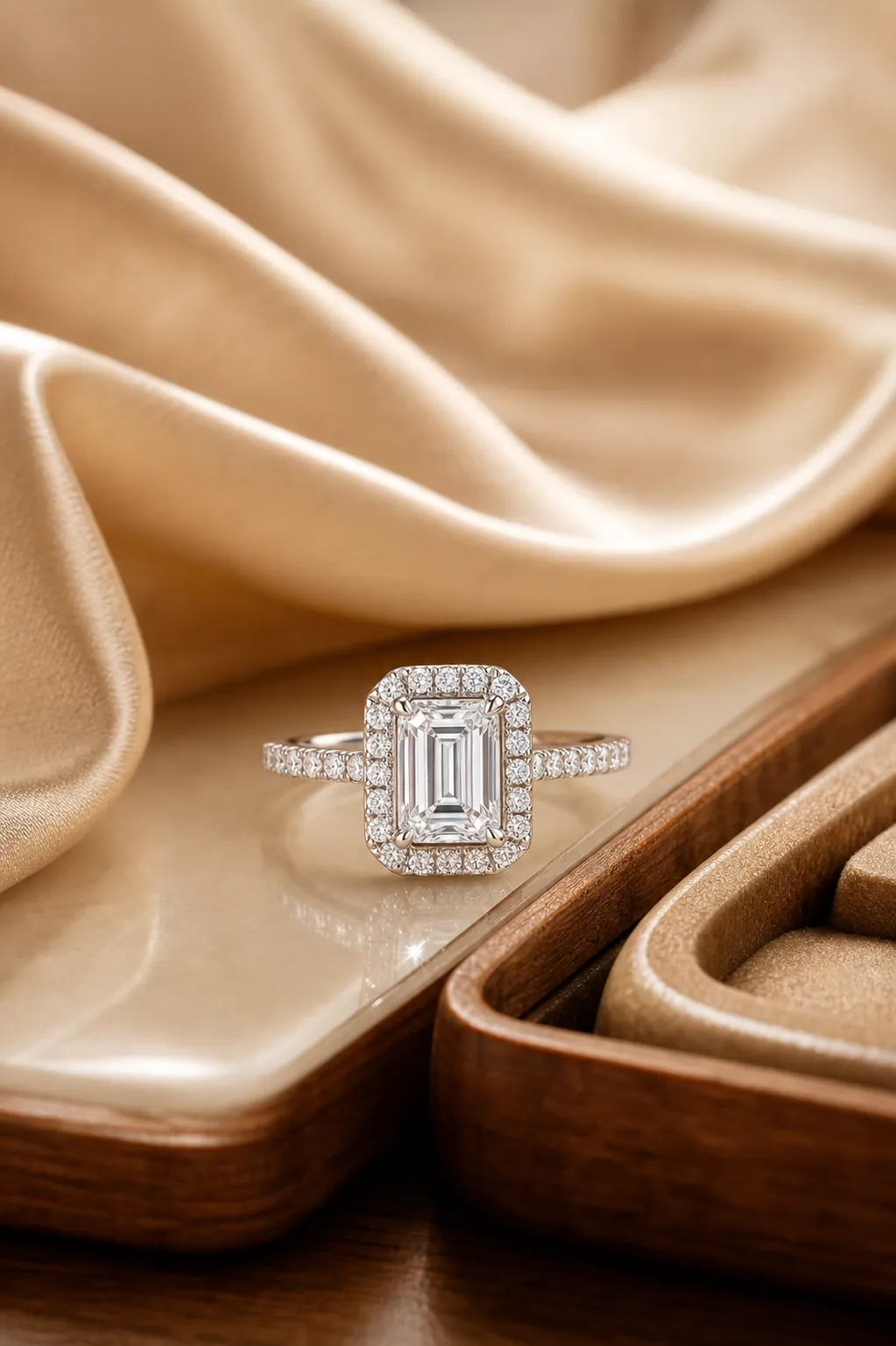 Emerald Cut Diamond Halo Ring on Beige Silk｜AI Image Generation Prompts