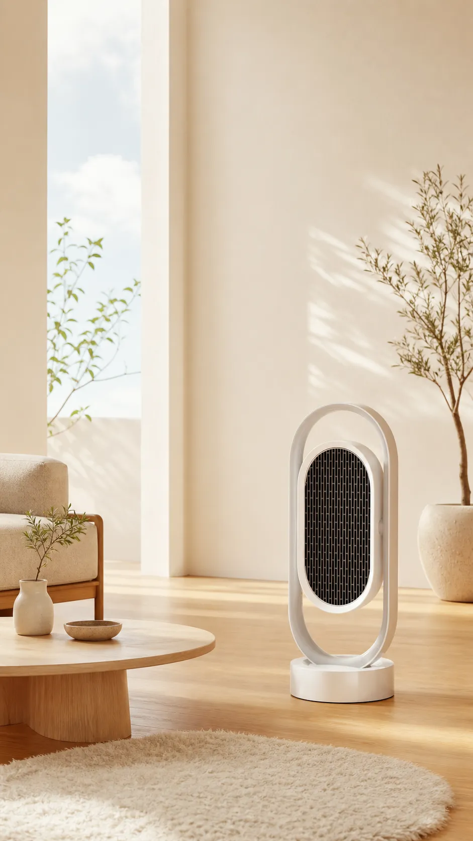 Modern White Fan in Minimalist Living Room｜AI Image Generation Prompts