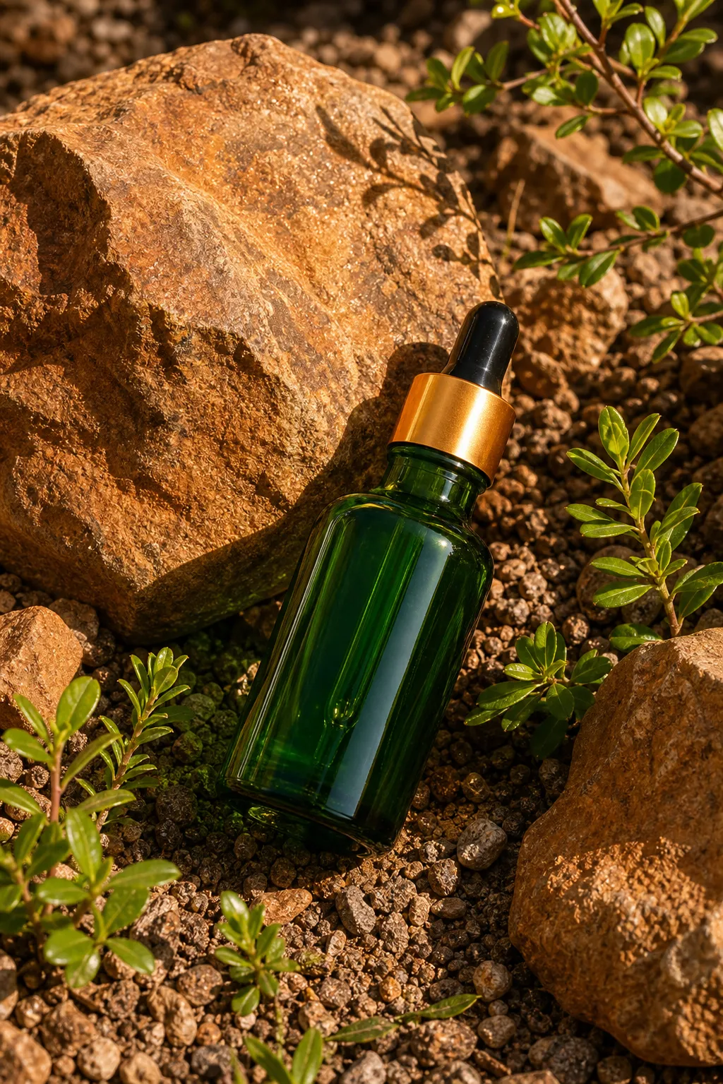 Green glass dropper bottle with gold cap on rocks｜AI Image Generation Prompts