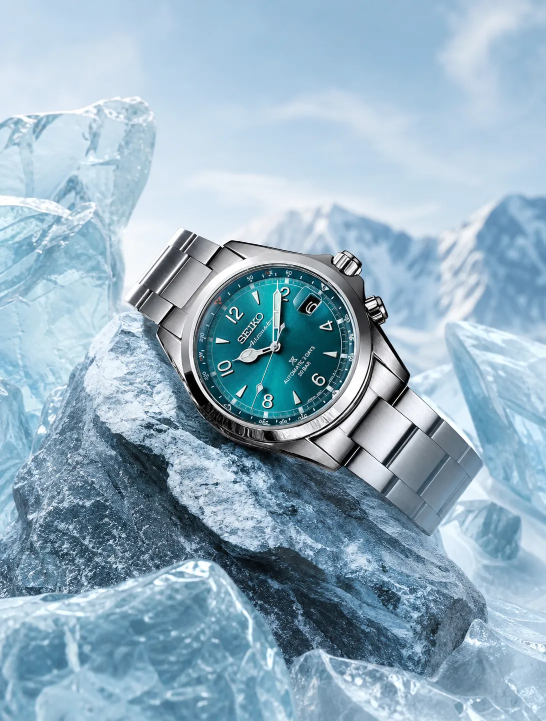 Seiko Automatic Watch with Green Dial on Ice｜AI Image Generation Prompts