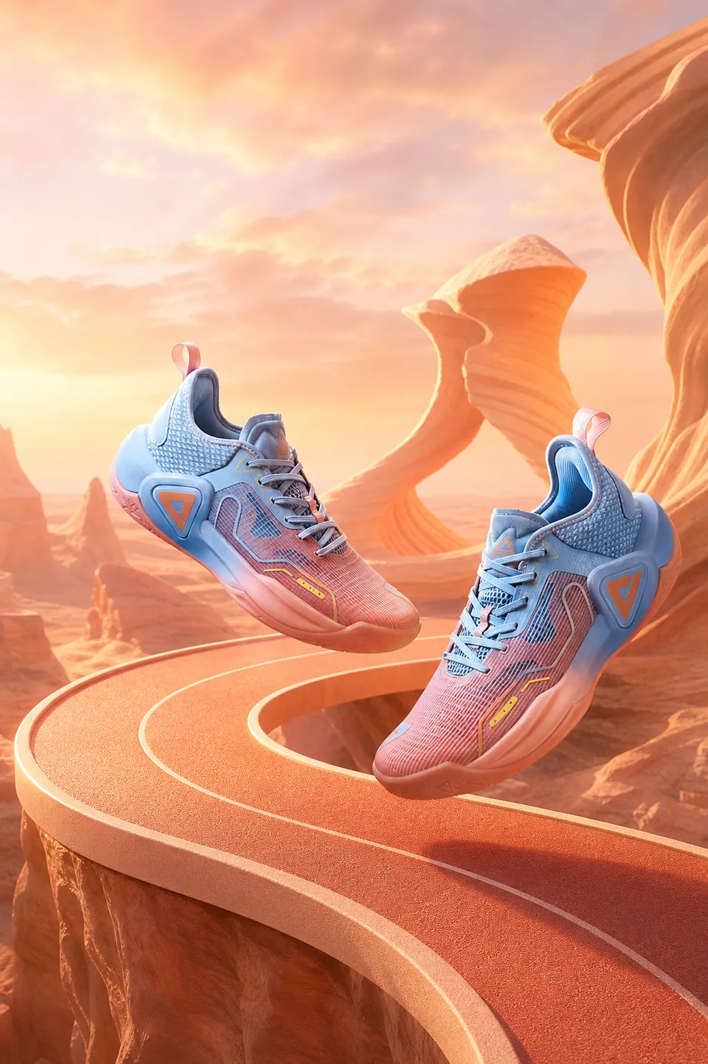 Blue and pink sneakers floating over a desert road｜AI Image Generation Prompts