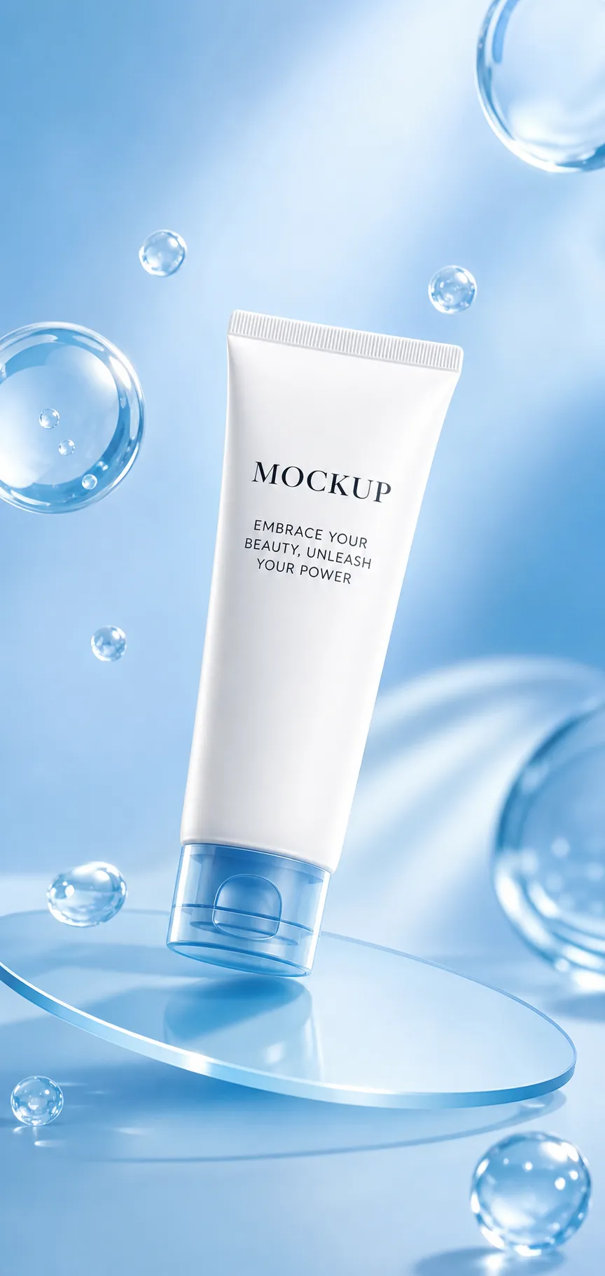 White Cosmetic Tube Mockup with Water Bubbles｜AI Image Generation Prompts