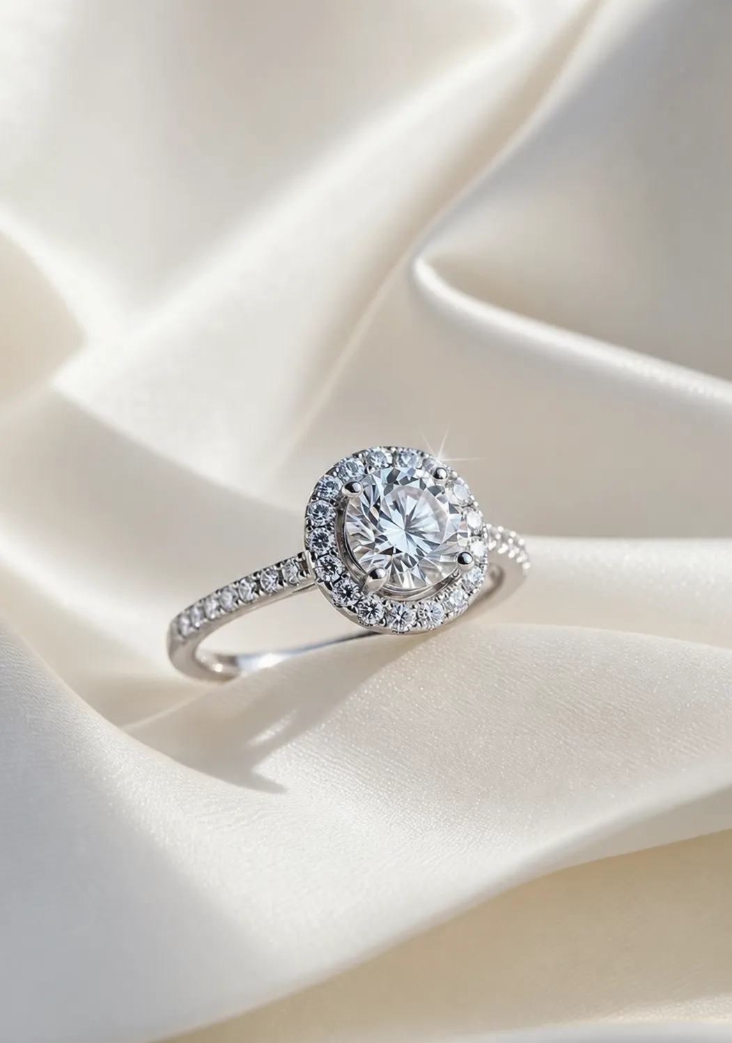Round Diamond Halo Engagement Ring on White Silk｜AI Image Generation Prompts