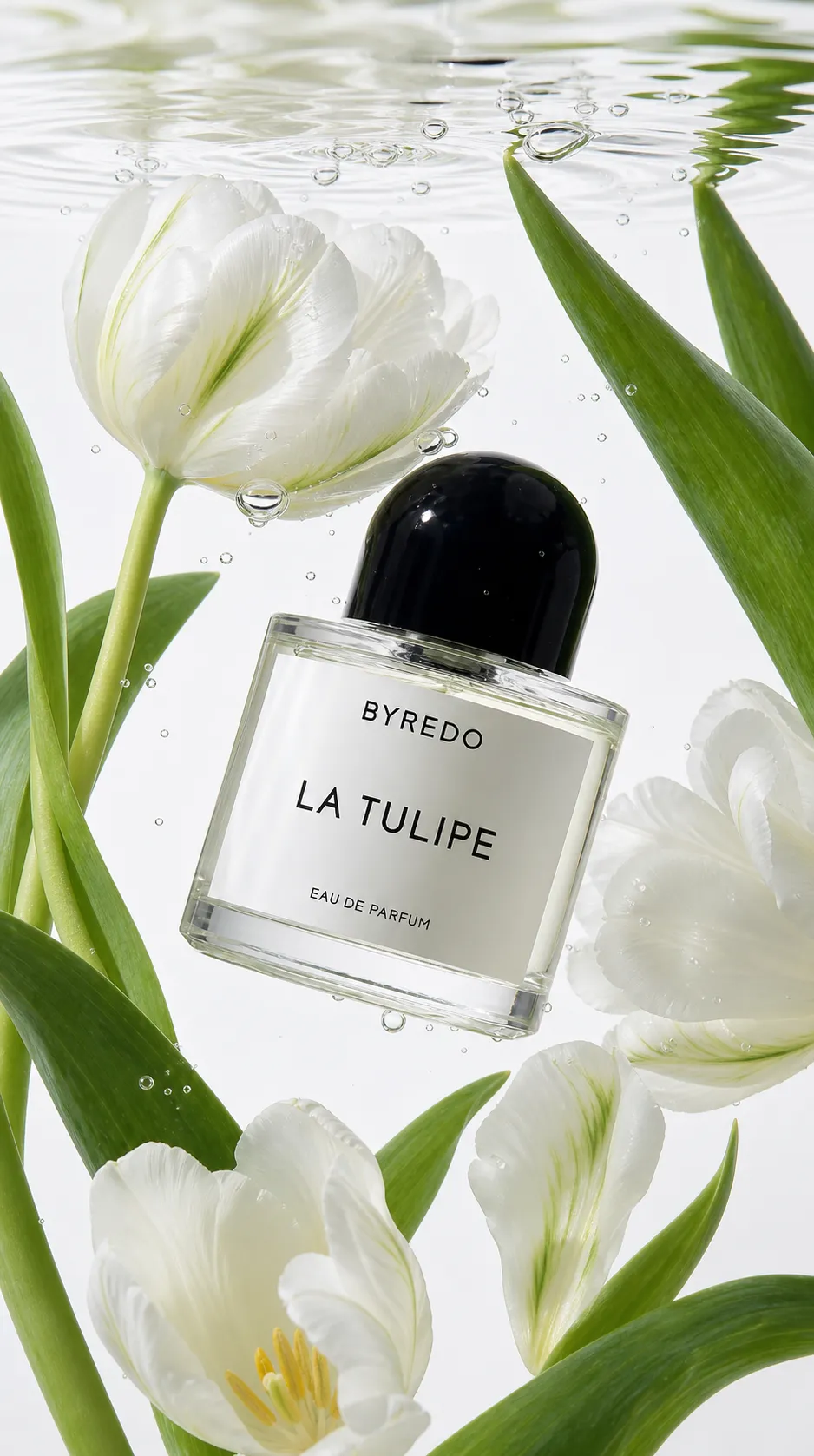 Byredo La Tulipe Perfume Bottle with White Tulips｜AI Image Generation Prompts