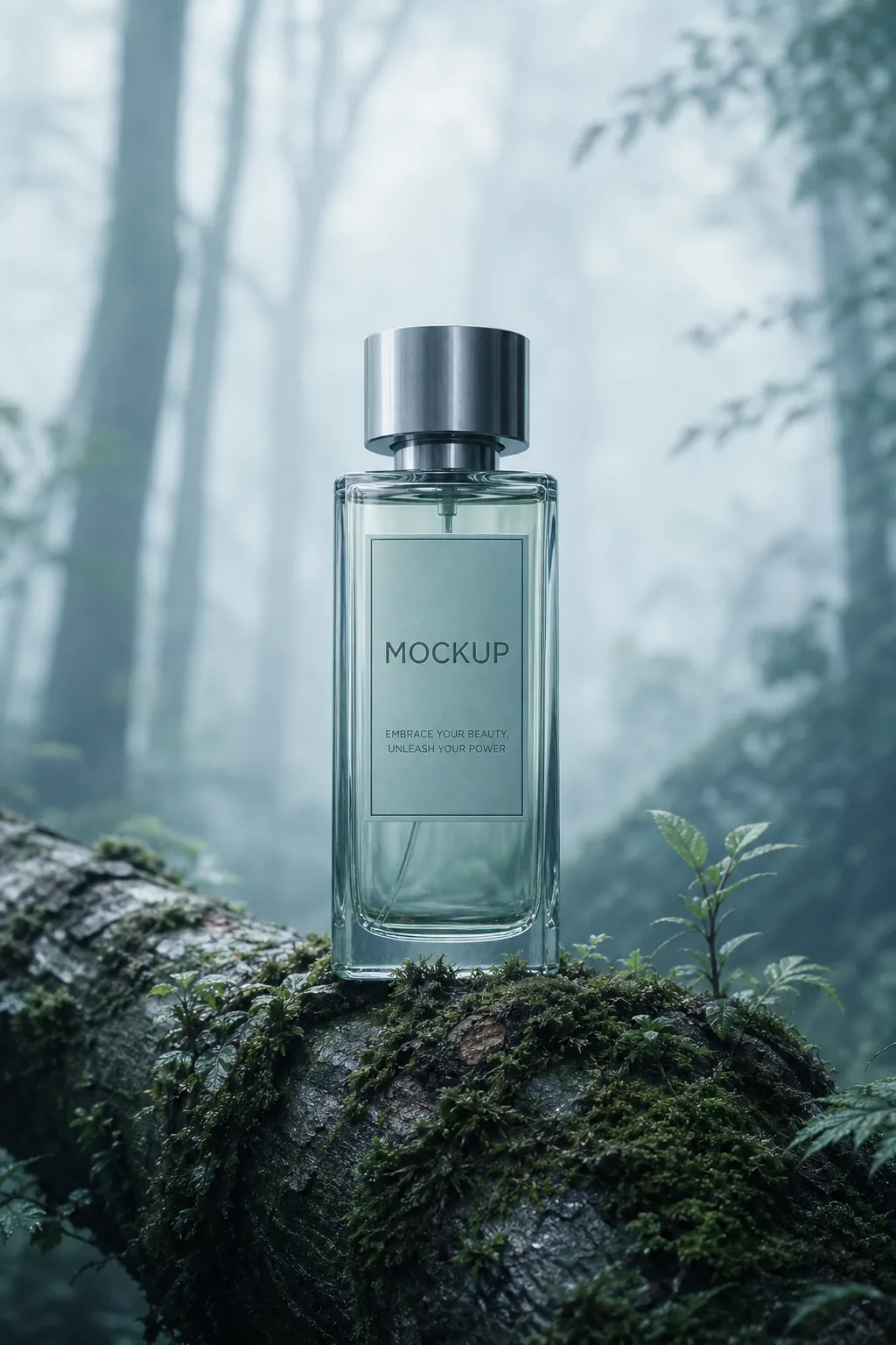Perfume Bottle Mockup on Mossy Log in Forest｜AI Image Generation Prompts
