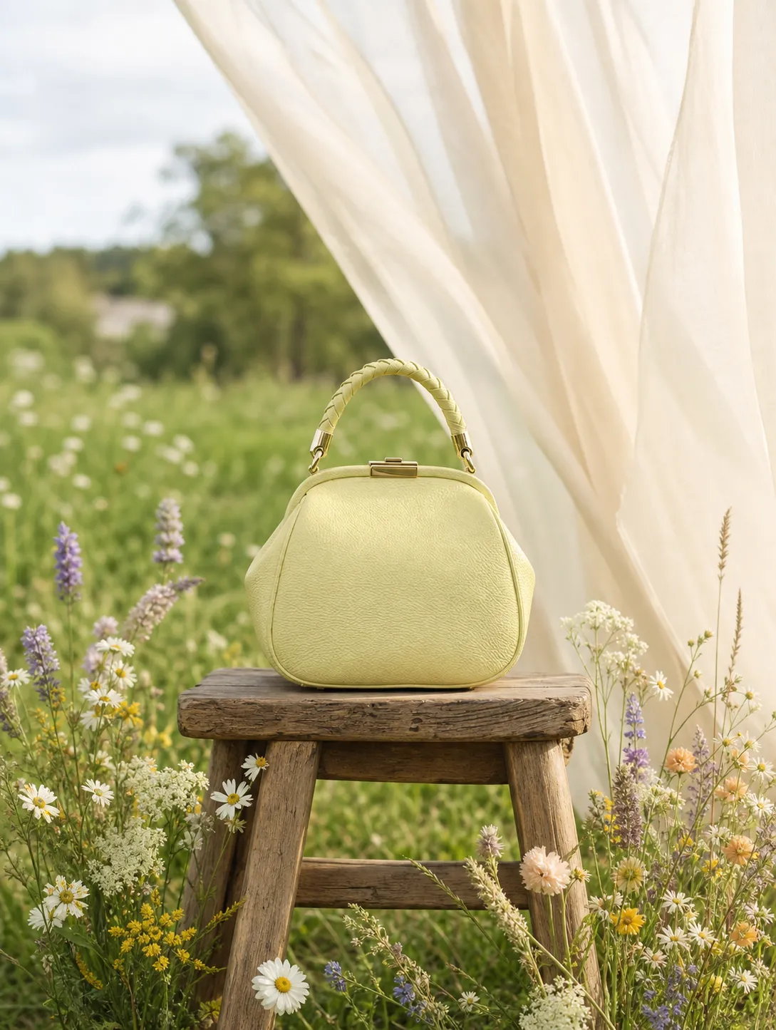 Yellow handbag on a wooden stool in a flower field｜AI Image Generation Prompts