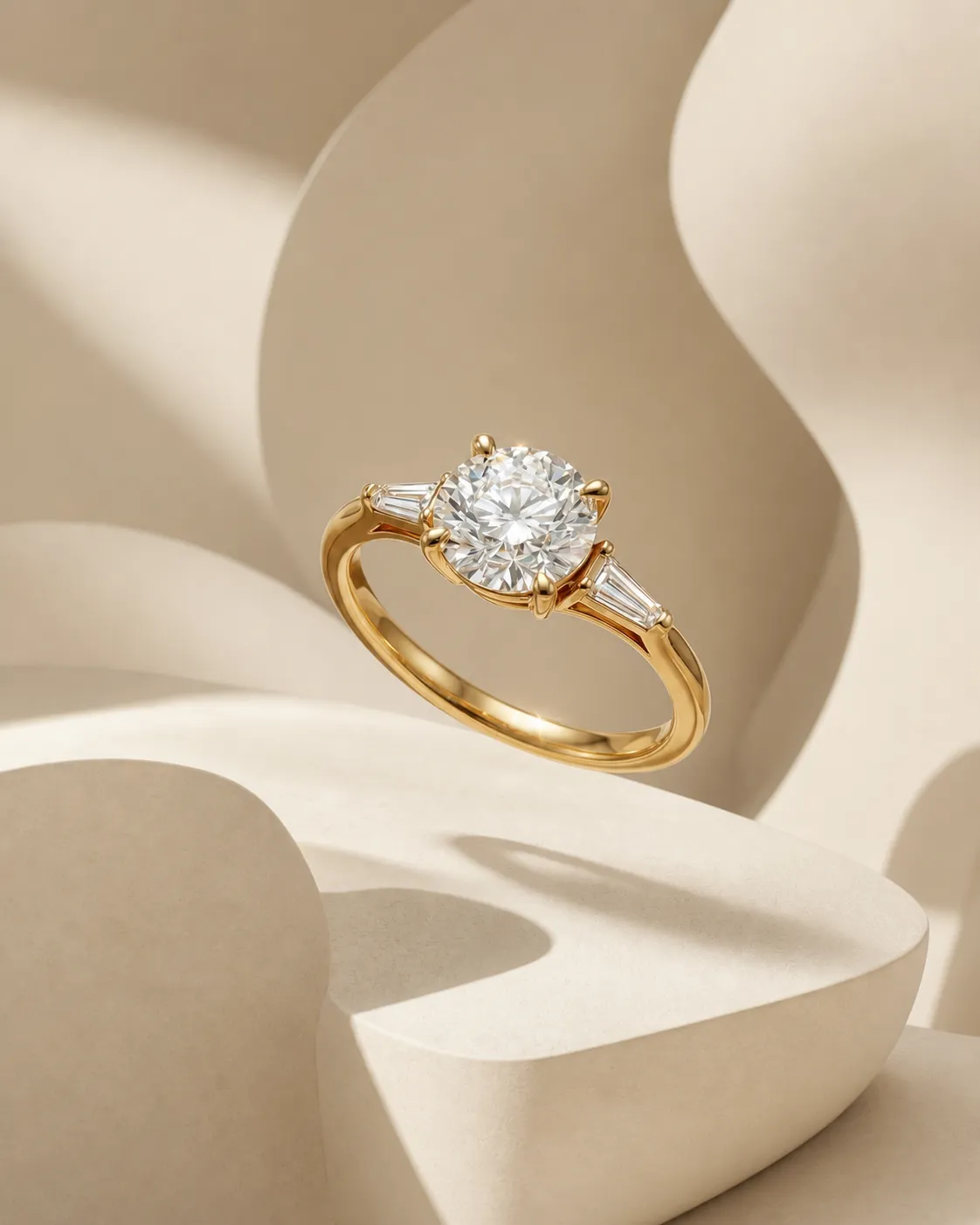 Elegant Gold Diamond Ring on Beige Abstract Background｜AI Image Generation Prompts