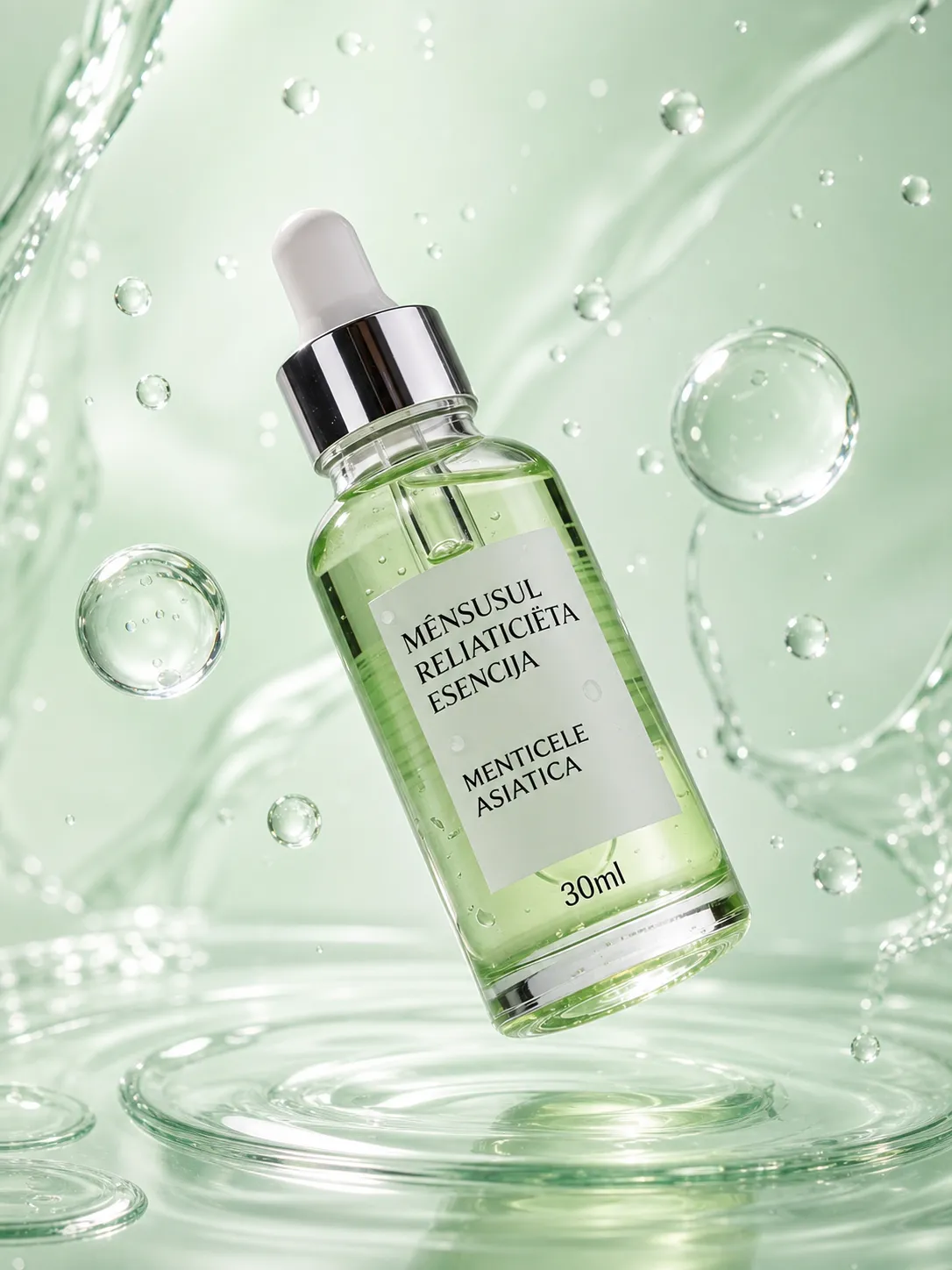 Green Essence Dropper Bottle Floating in Water｜AI Image Generation Prompts