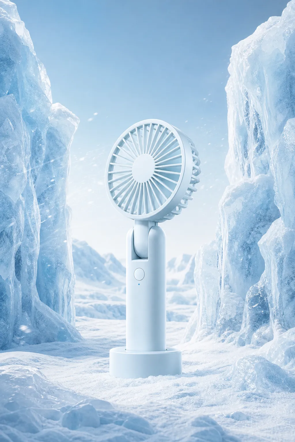 White portable fan in a snowy ice canyon｜AI Image Generation Prompts