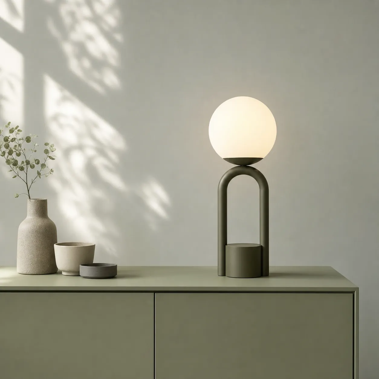 Modern Minimalist Sphere Lamp on Green Cabinet｜AI Image Generation Prompts