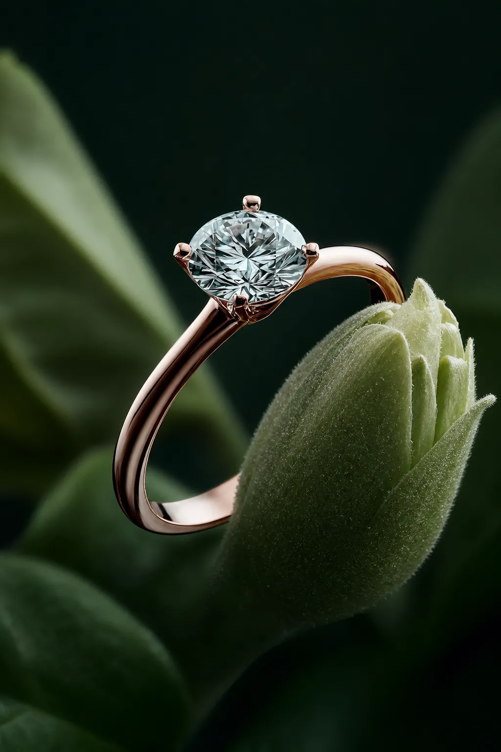 Rose Gold Solitaire Diamond Ring on Green Flower Bud｜AI Image Generation Prompts